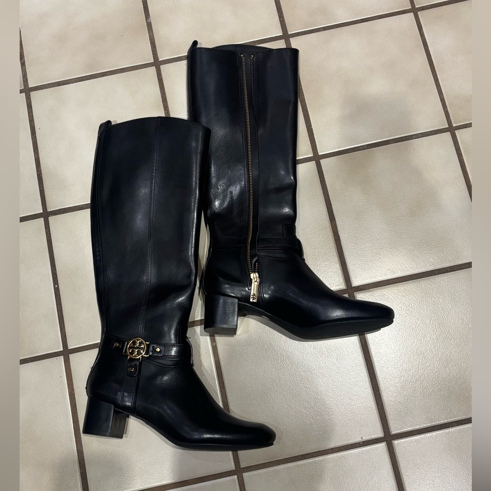 Tory Burch Black Heeled Boots with Gold Accents